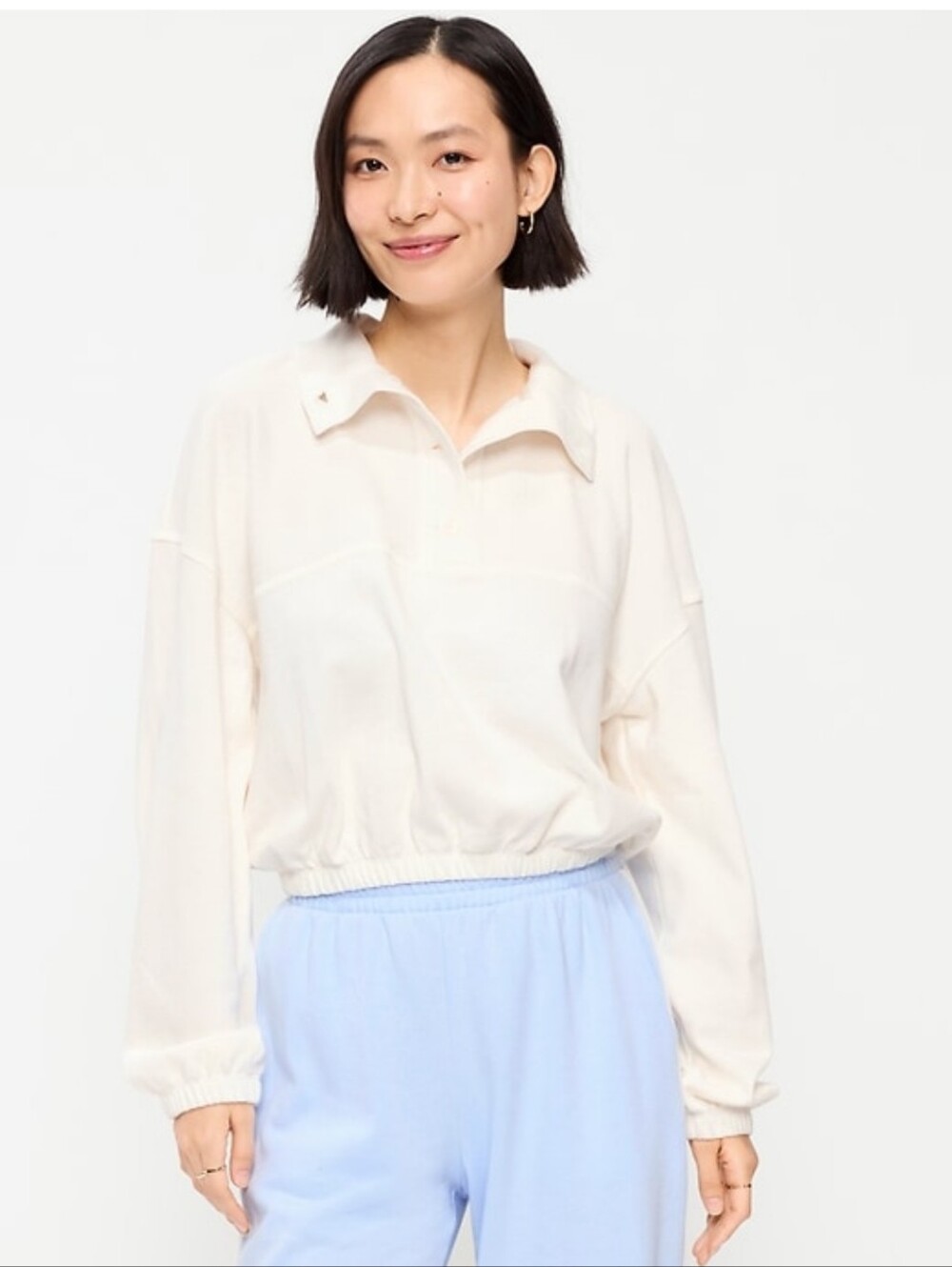 OLD NAVY Button Up Funnel Neck Cropped Sweatshirt- Cream